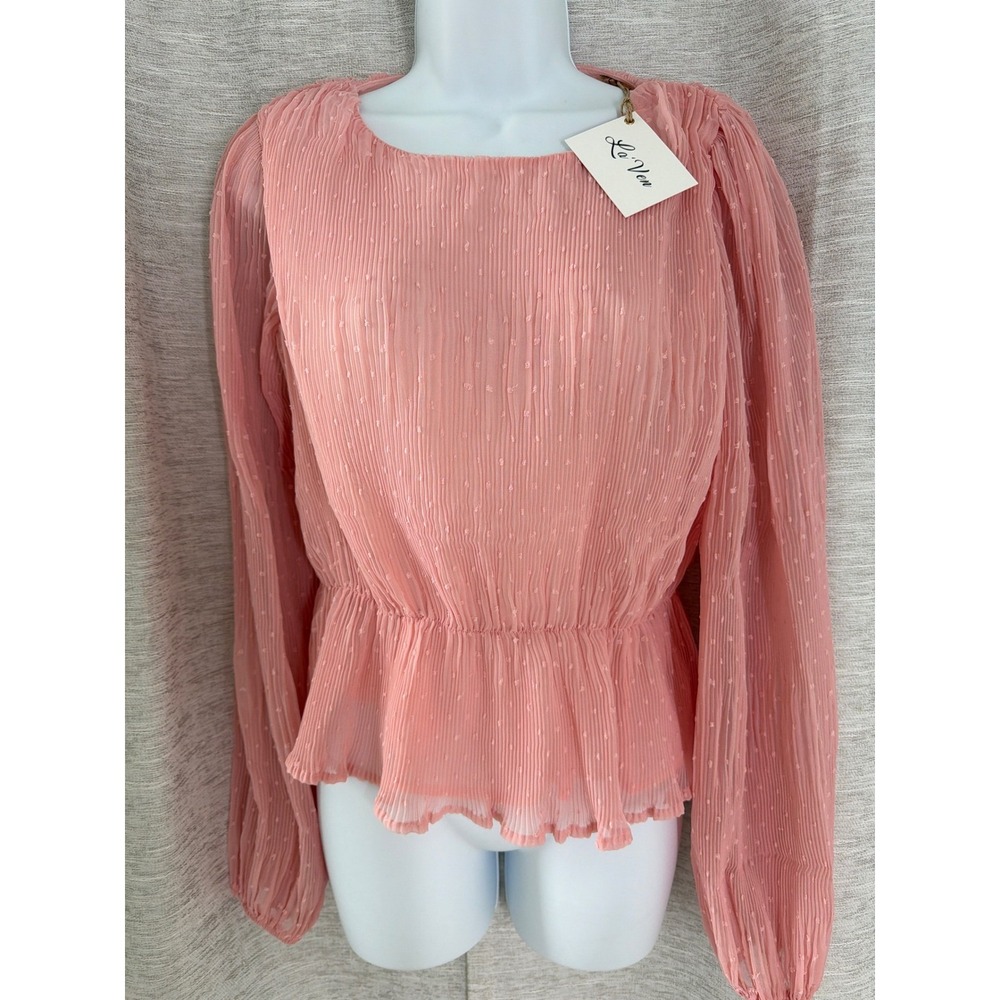 La'Ven Pink Pleated Swiss Dot Peplum Blouse Long Sleeve Smocked medium NWT